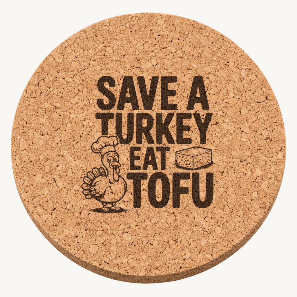 Thankful Chef Turkey laser engraved Thanksgiving cork coaster - front view