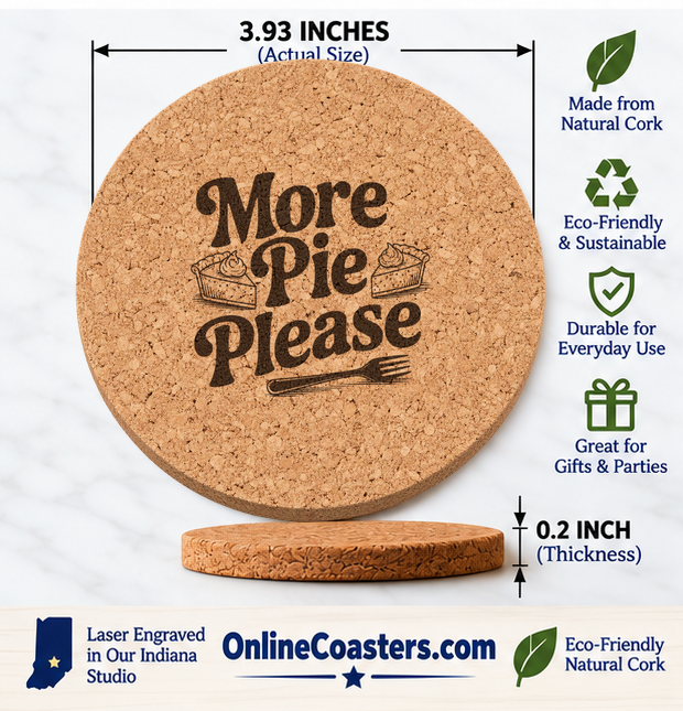 Thanksgiving Pie Slice cork coaster size diagram, 3.93 inch diameter and 0.2 inch thickness