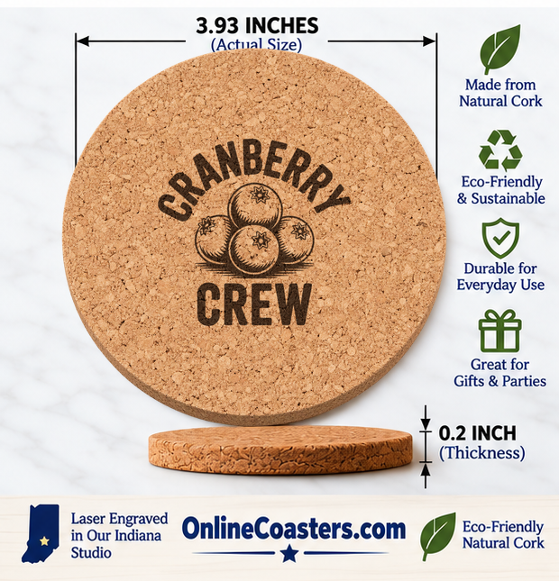 Cranberry Crew cork coaster size diagram, 3.93 inch diameter and 0.2 inch thickness