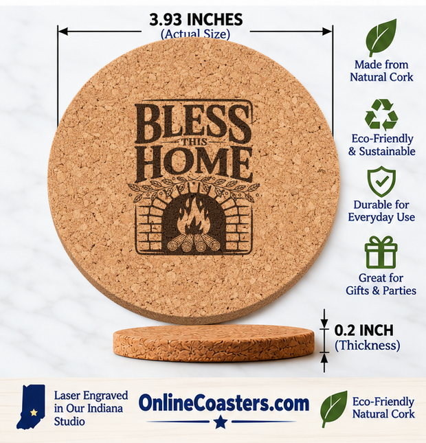 Hearth And Leaves cork coaster size diagram, 3.93 inch diameter and 0.2 inch thickness
