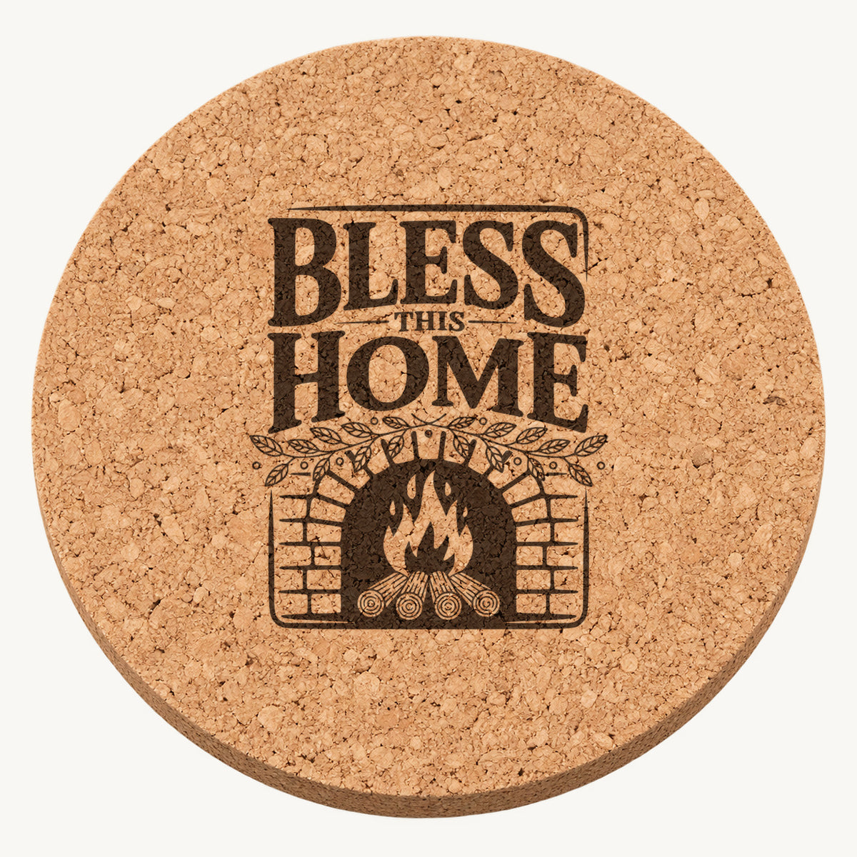 Hearth And Leaves laser engraved Thanksgiving cork coaster - front view