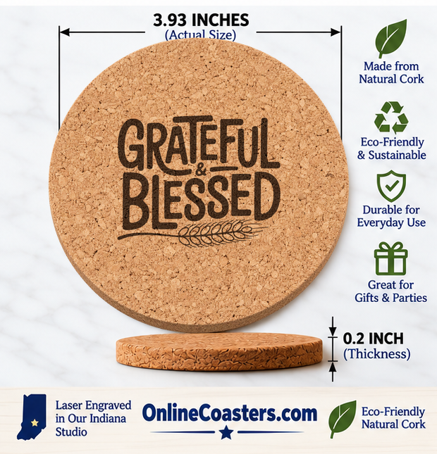 Wheat Lettering cork coaster size diagram, 3.93 inch diameter and 0.2 inch thickness