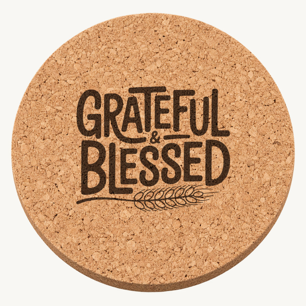 Wheat Lettering laser engraved Thanksgiving cork coaster - front view