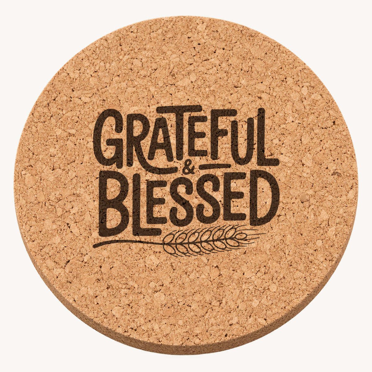 Wheat Lettering laser engraved Thanksgiving cork coaster - front view