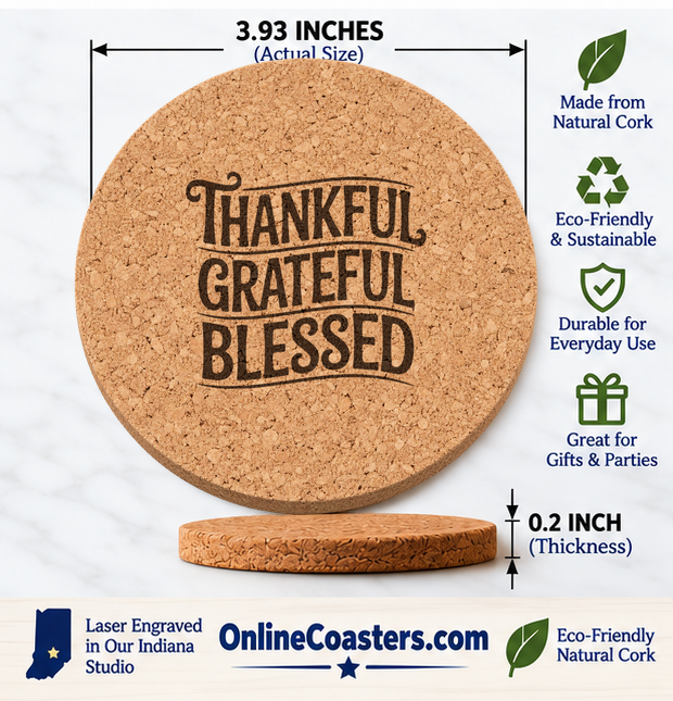 Thankful Grateful Blessed Design 43 cork coaster size diagram, 3.93 inch diameter and 0.2 inch thickness