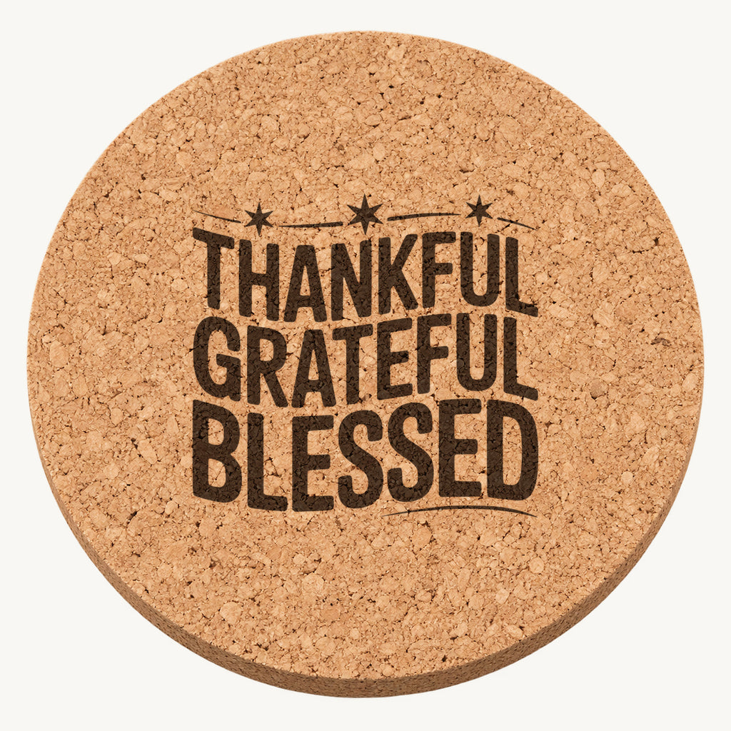 Thanksful Gratitude laser engraved Thanksgiving cork coaster - front view