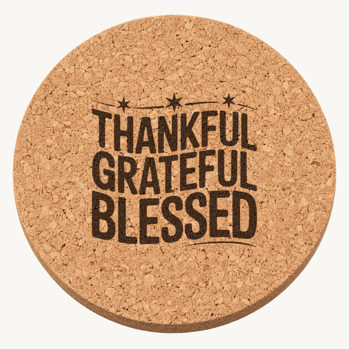Thanksful Gratitude laser engraved Thanksgiving cork coaster - front view