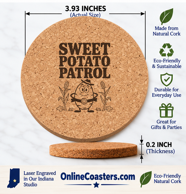 Sweet Potato Sheriff cork coaster size diagram, 3.93 inch diameter and 0.2 inch thickness