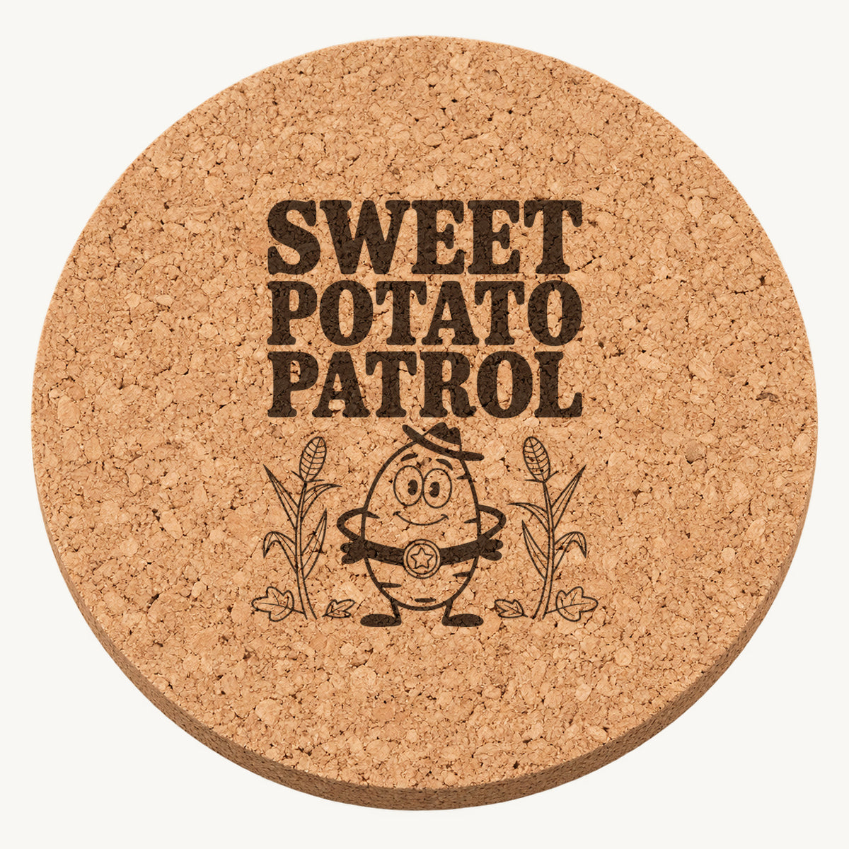 Sweet Potato Sheriff laser engraved Thanksgiving cork coaster - front view