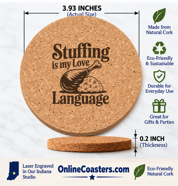 Stuffing Is My Love cork coaster size diagram, 3.93 inch diameter and 0.2 inch thickness