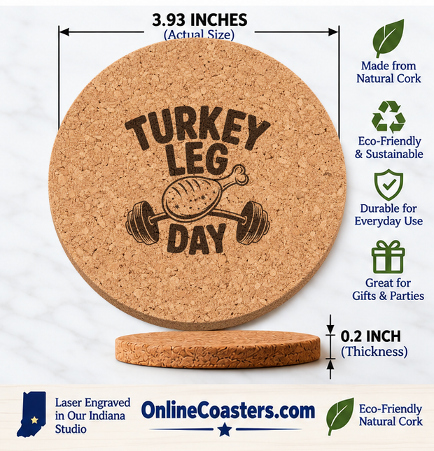 Turkey Leg Day cork coaster size diagram, 3.93 inch diameter and 0.2 inch thickness