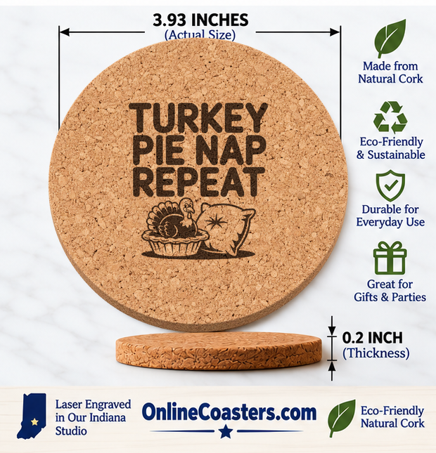 Turkey Pie Nap cork coaster size diagram, 3.93 inch diameter and 0.2 inch thickness