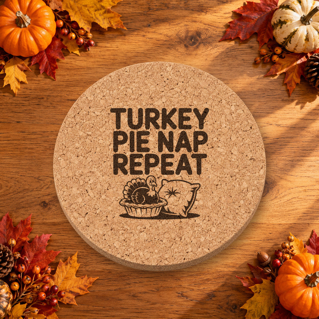 Turkey Pie Nap Thanksgiving cork coaster - lifestyle view