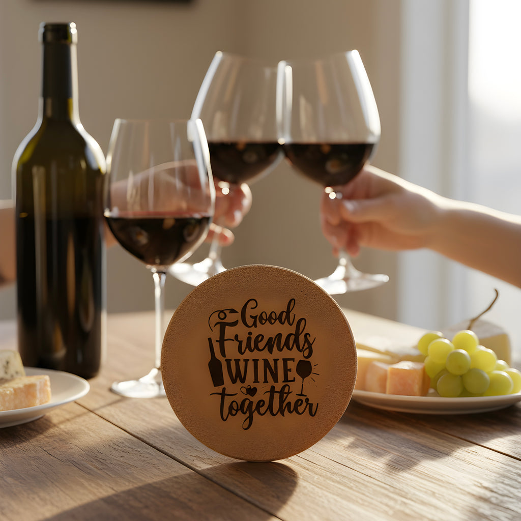 4 inch cork coaster – Good Friends Wine Together - wine theme