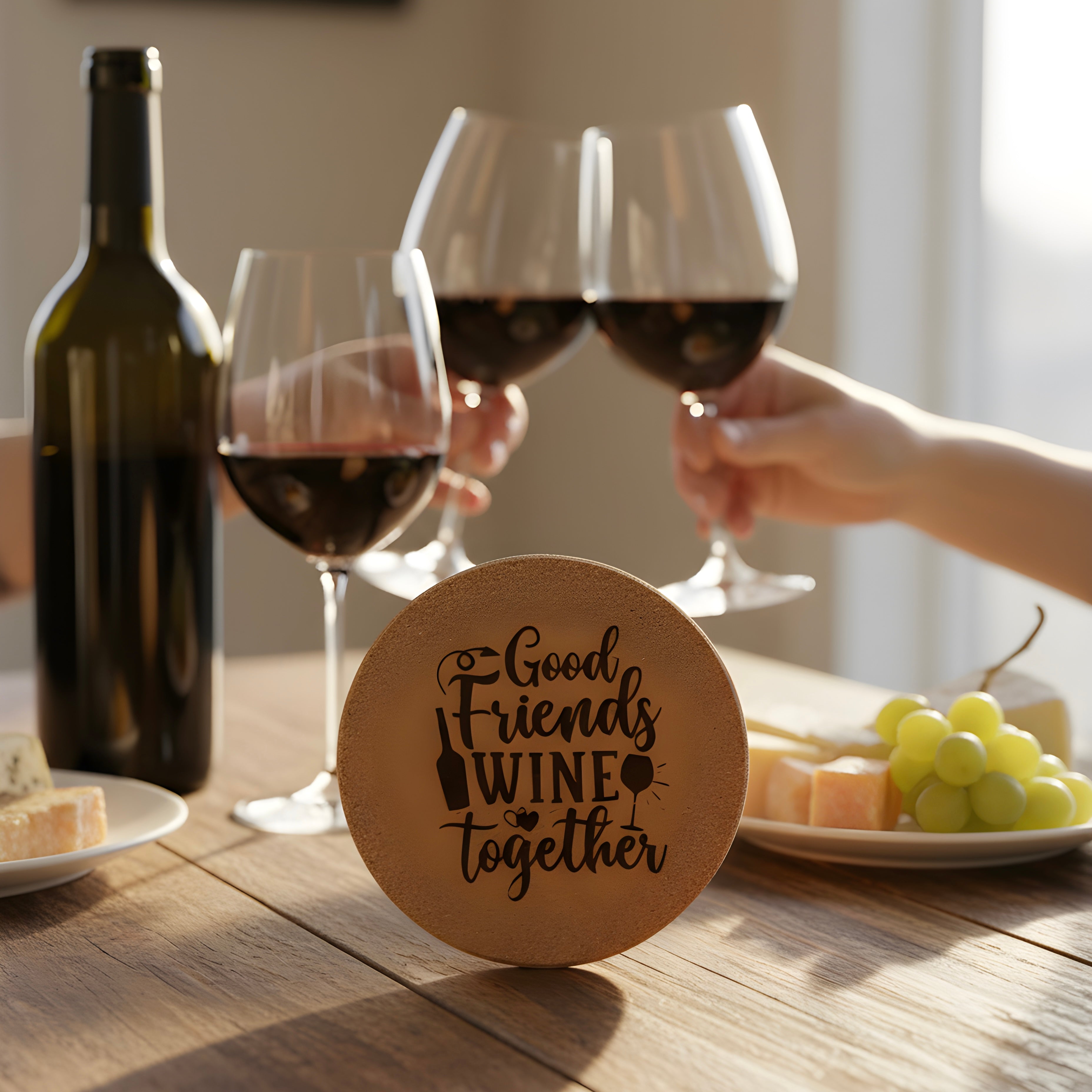 4 inch cork coaster – Good Friends Wine Together - wine theme