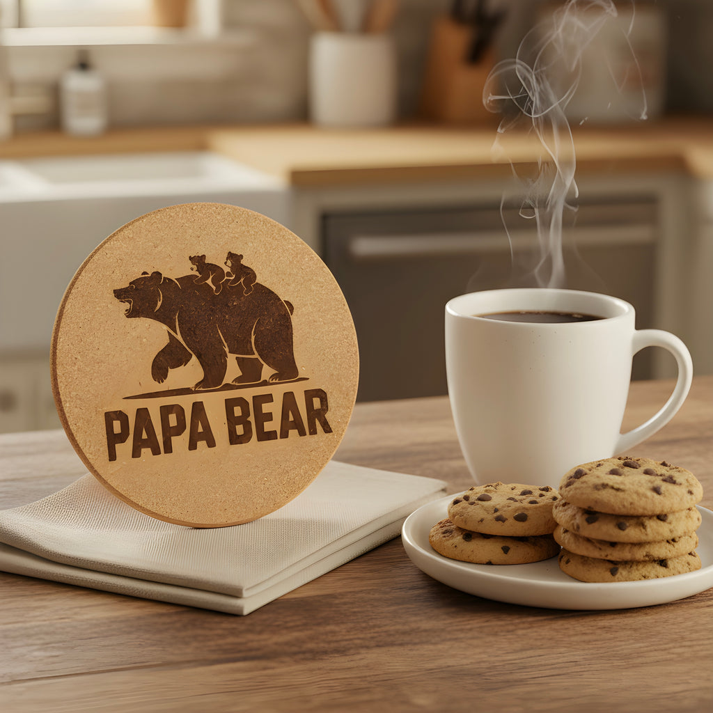 4 inch cork coaster – papa bear - dad theme