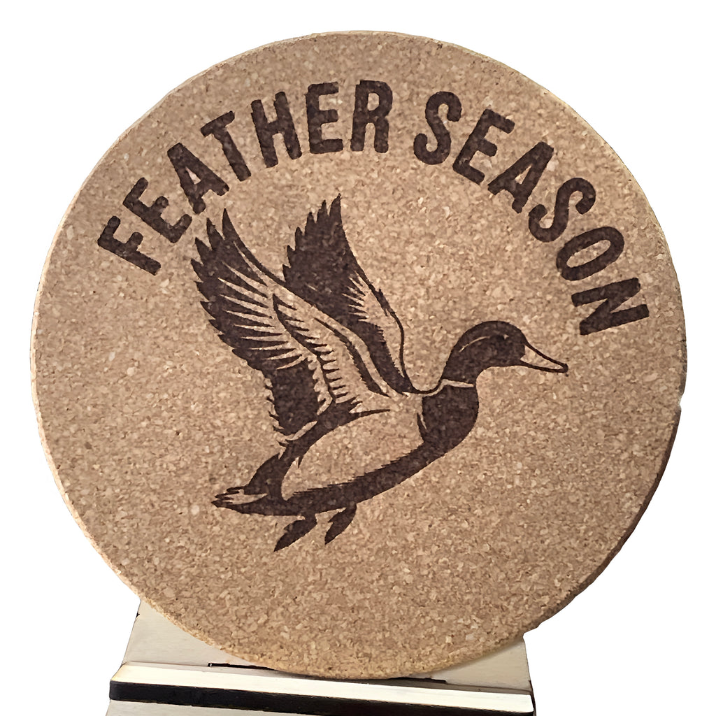 4 inch cork coaster – feather season - hunting theme