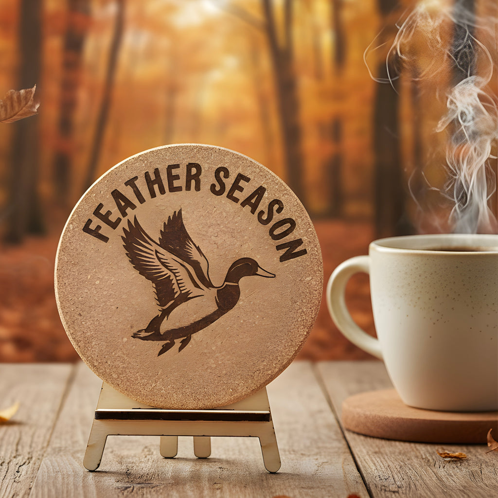 4 inch cork coaster – feather season - hunting theme