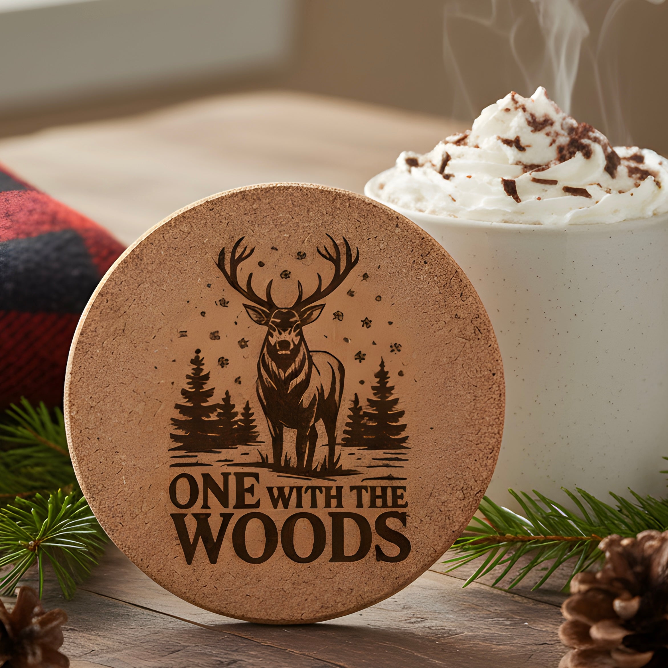 4 inch cork coaster – One with the woods - hunting theme