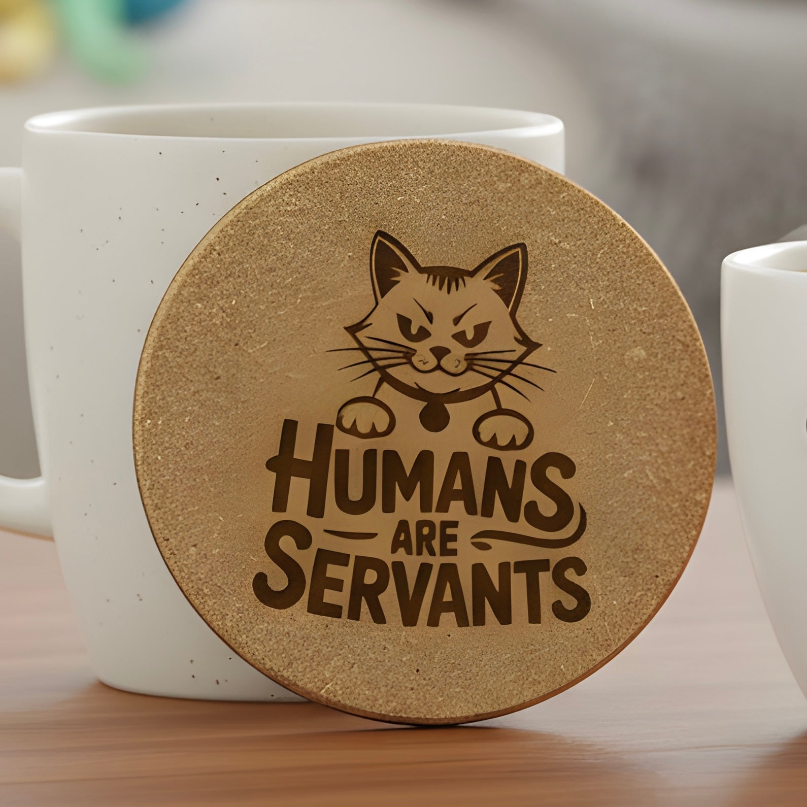 4 inch cork coaster – humans are servants - cat theme
