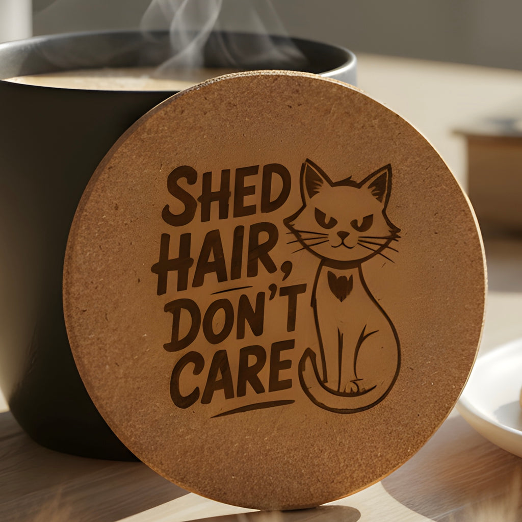 Shed Hair Don't Care laser-engraved cork coaster close-up
