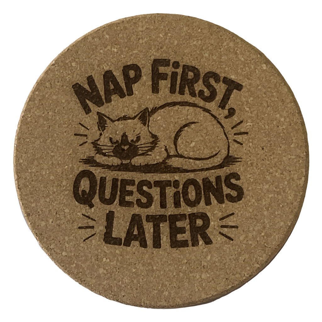 4 inch cork coaster – nap first questions later - cat theme