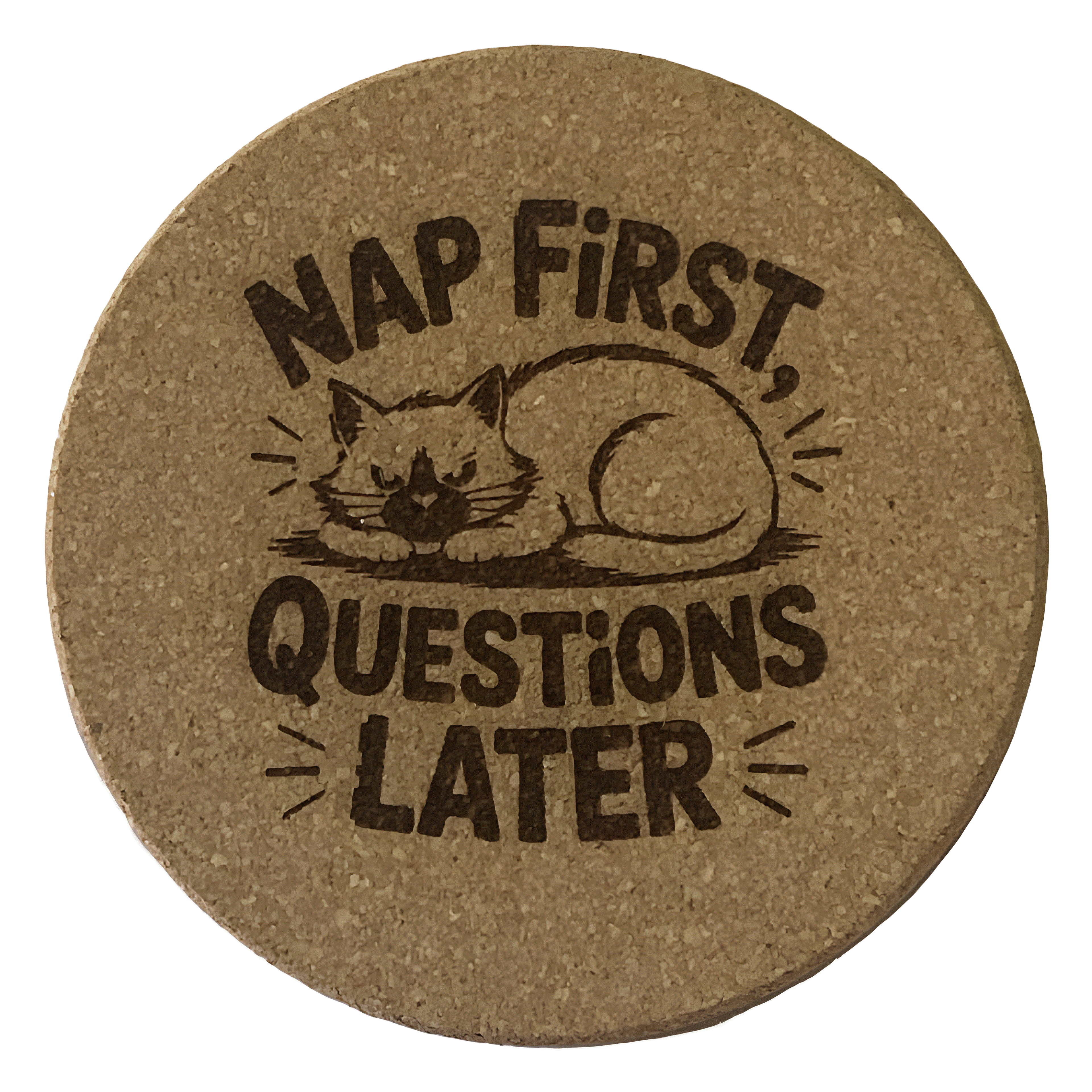 4 inch cork coaster – nap first questions later - cat theme