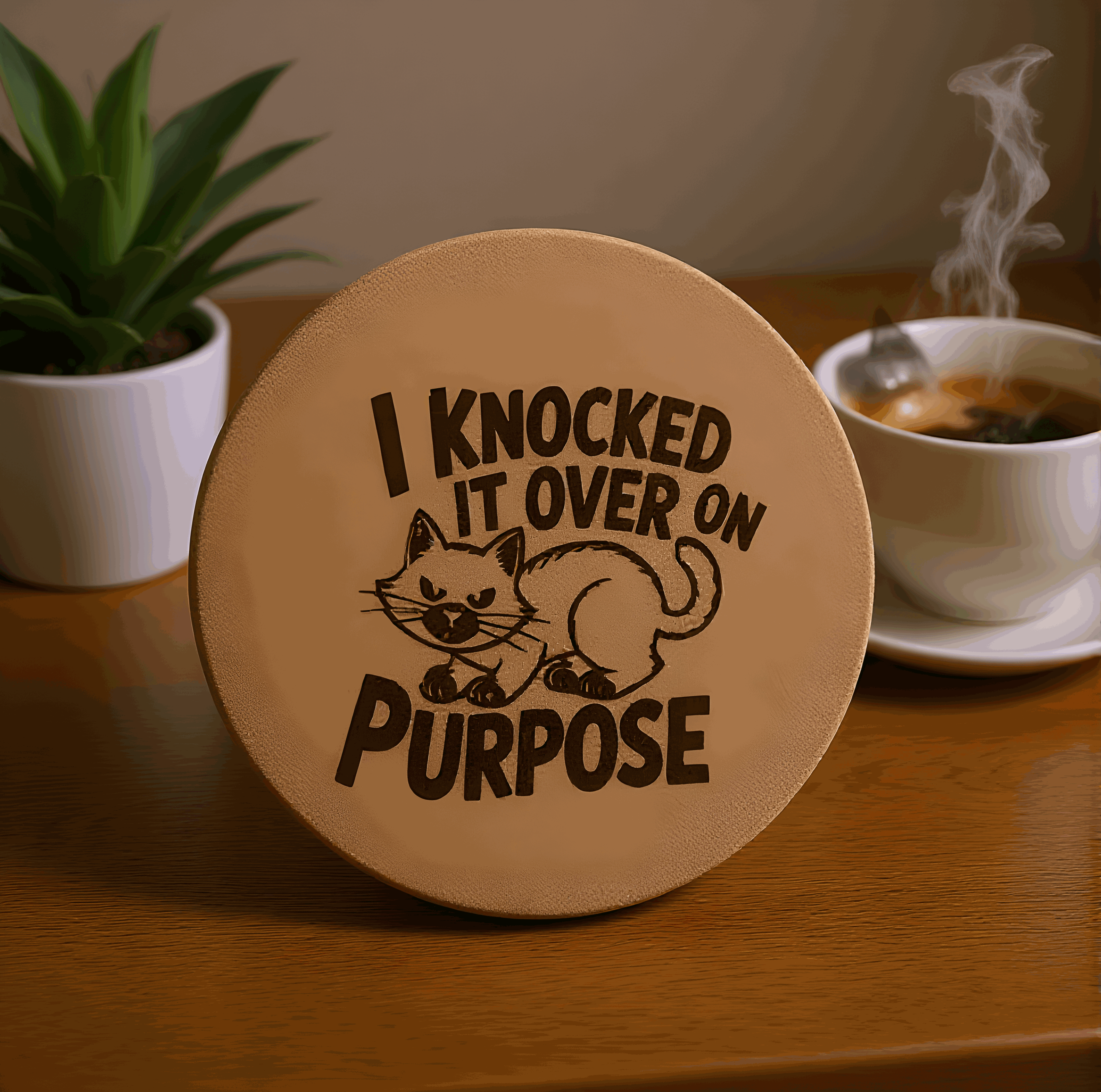 4 inch cork coaster – I knocked it over on purpose - cat theme
