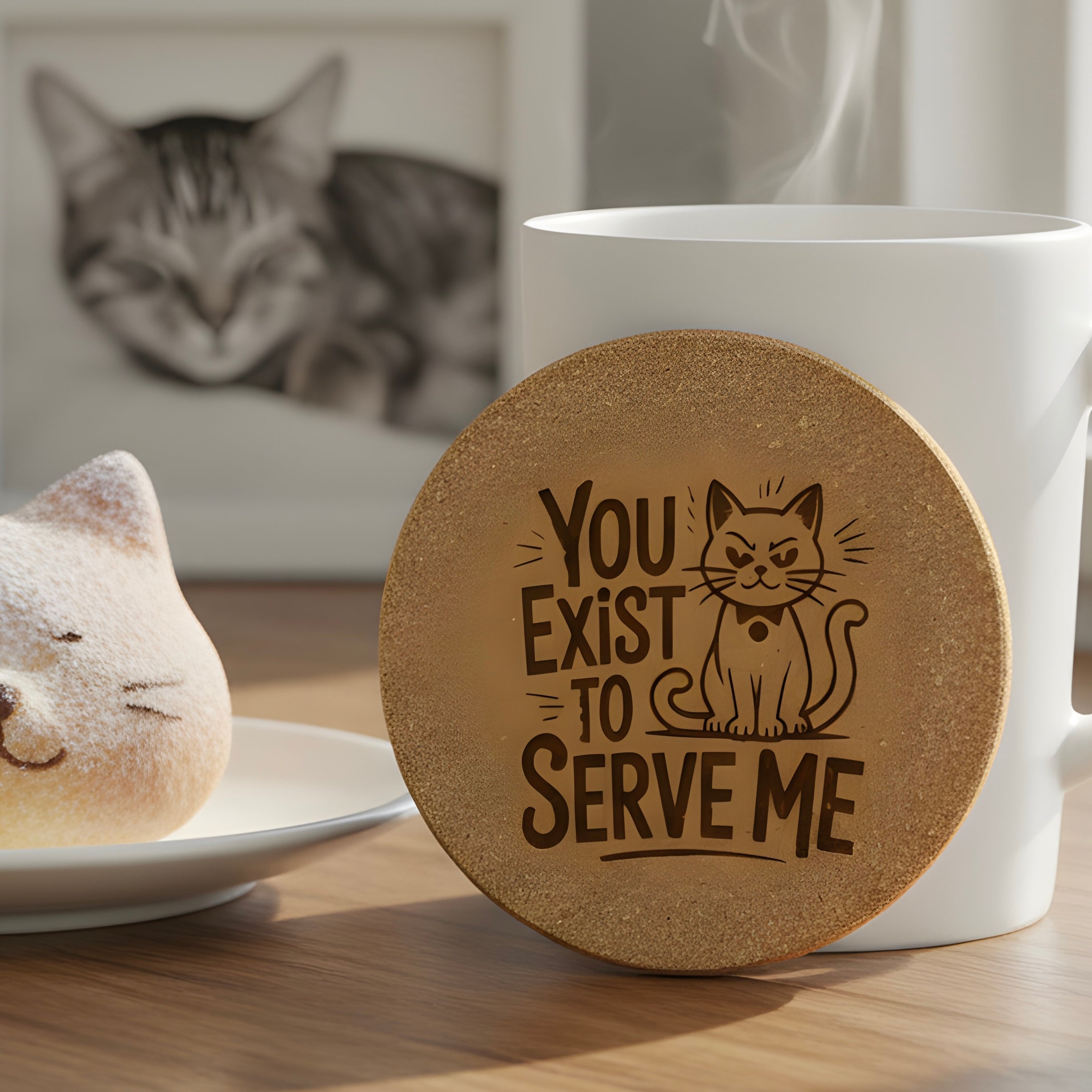 4 inch cork coaster – you exist to serve me - cat theme