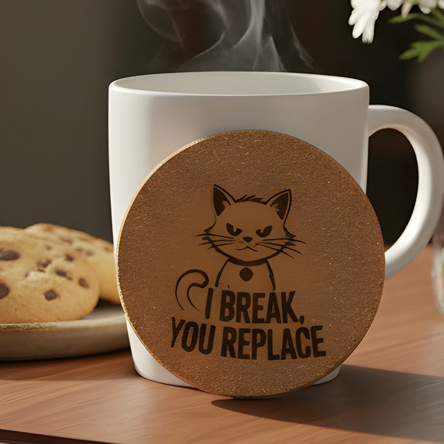 4 inch cork cat coaster – I break you replace - cat theme