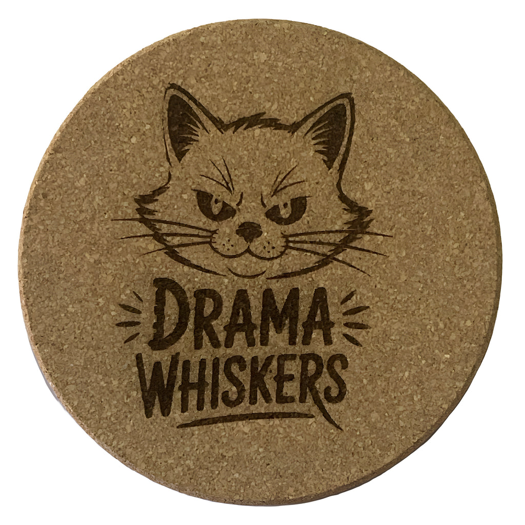 Drama Whiskers laser-engraved cork coaster