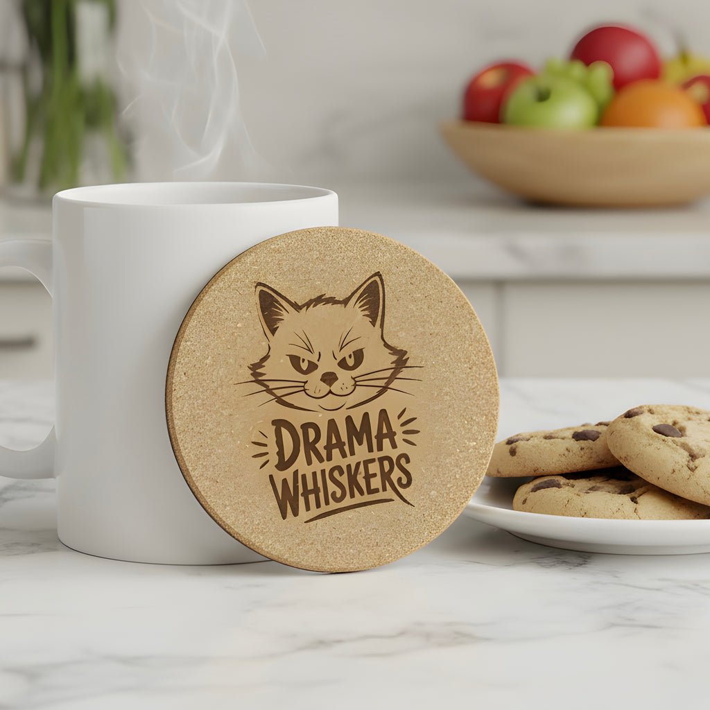 Drama Whiskers laser-engraved cork coaster close-up