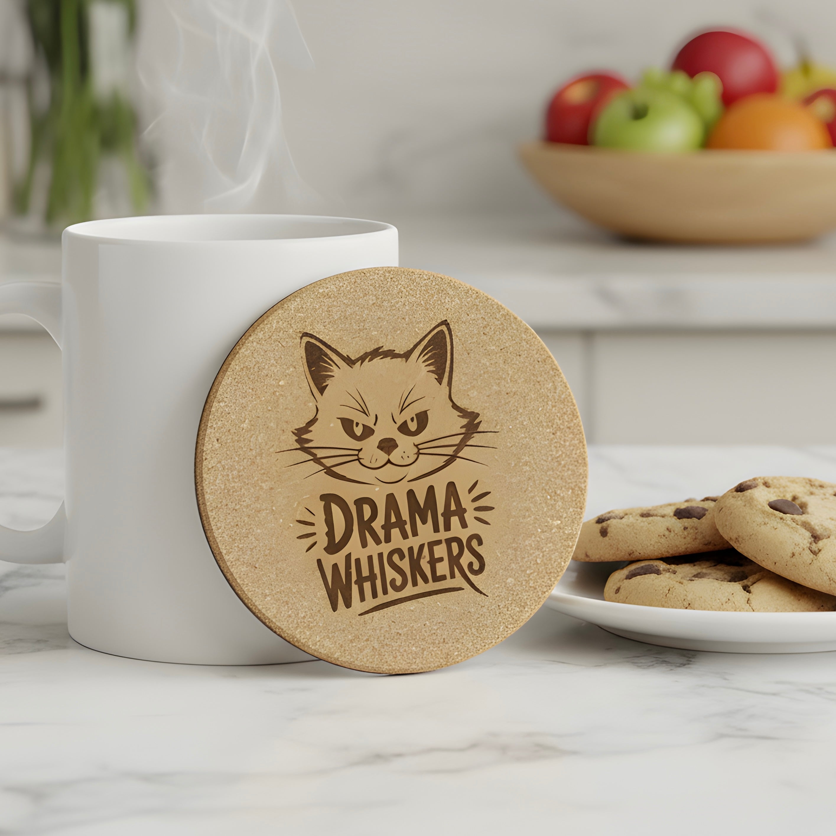 4 inch cork coaster – drama whiskers