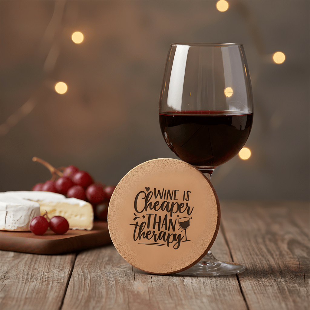 Wine Is Cheaper Than Therapy laser-engraved cork coaster close-up