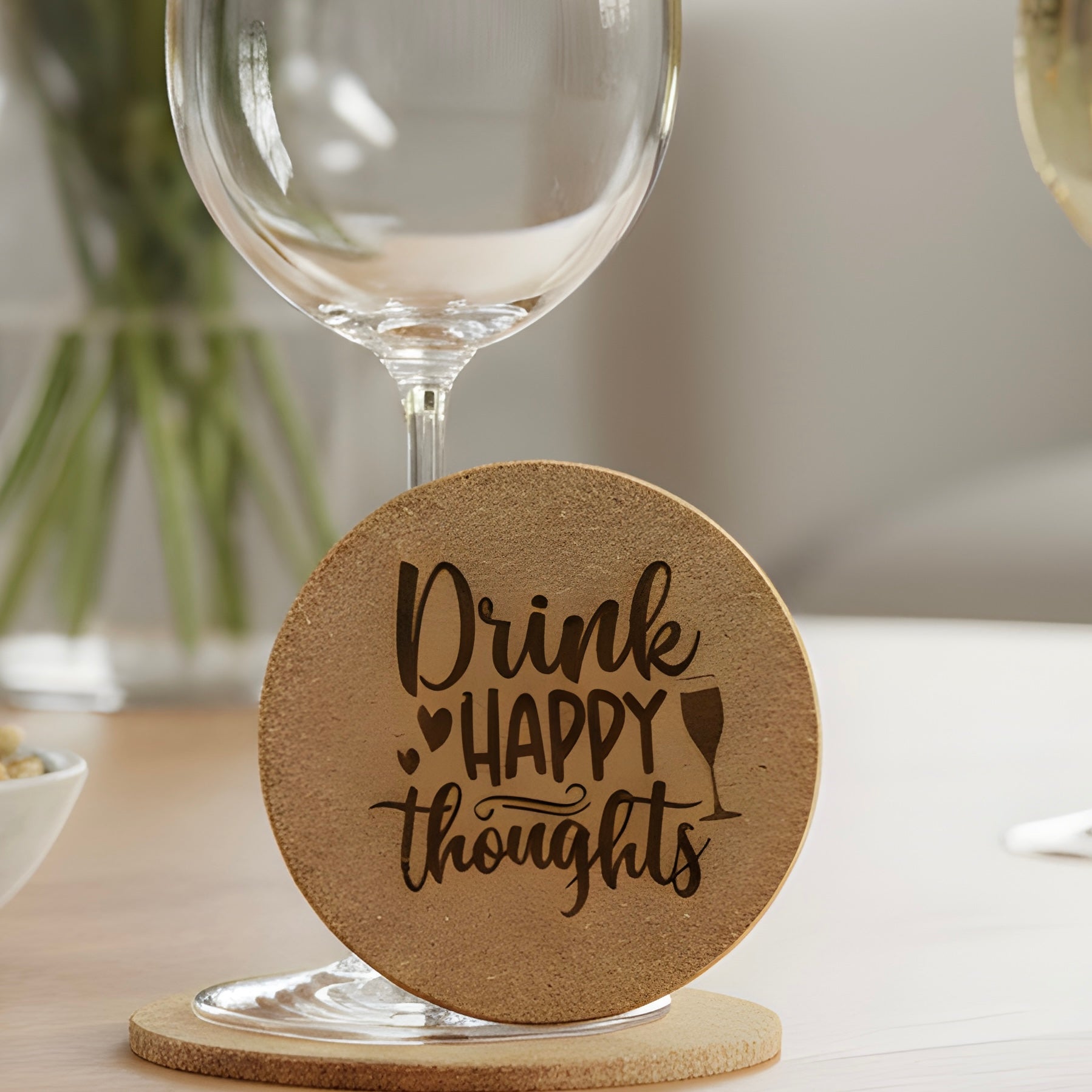 4 inch cork coaster – drink happy thoughts - wine theme