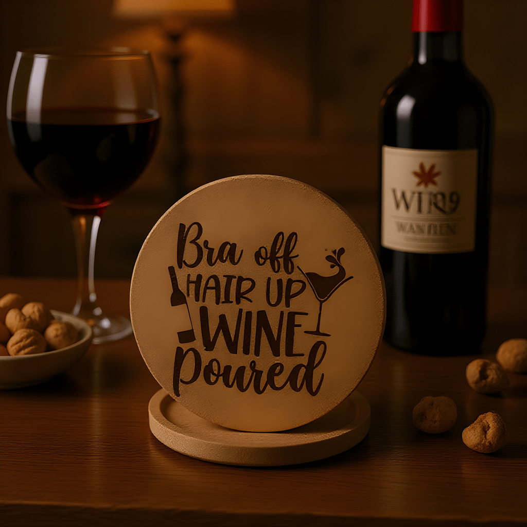 Wooden coaster with humorous text in front of a glass of red wine and a bottle of wine.