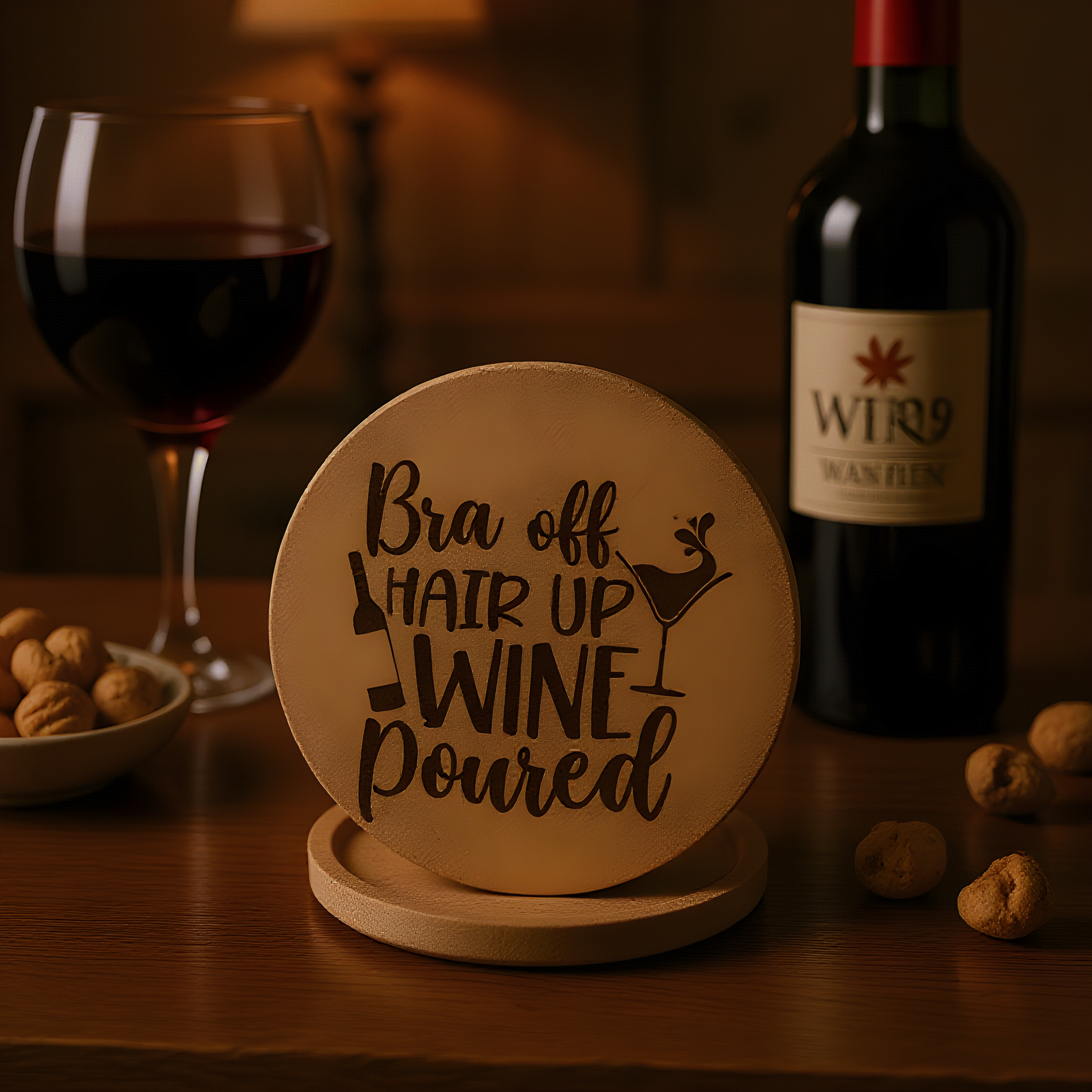 Wooden coaster with humorous text in front of a glass of red wine and a bottle of wine.