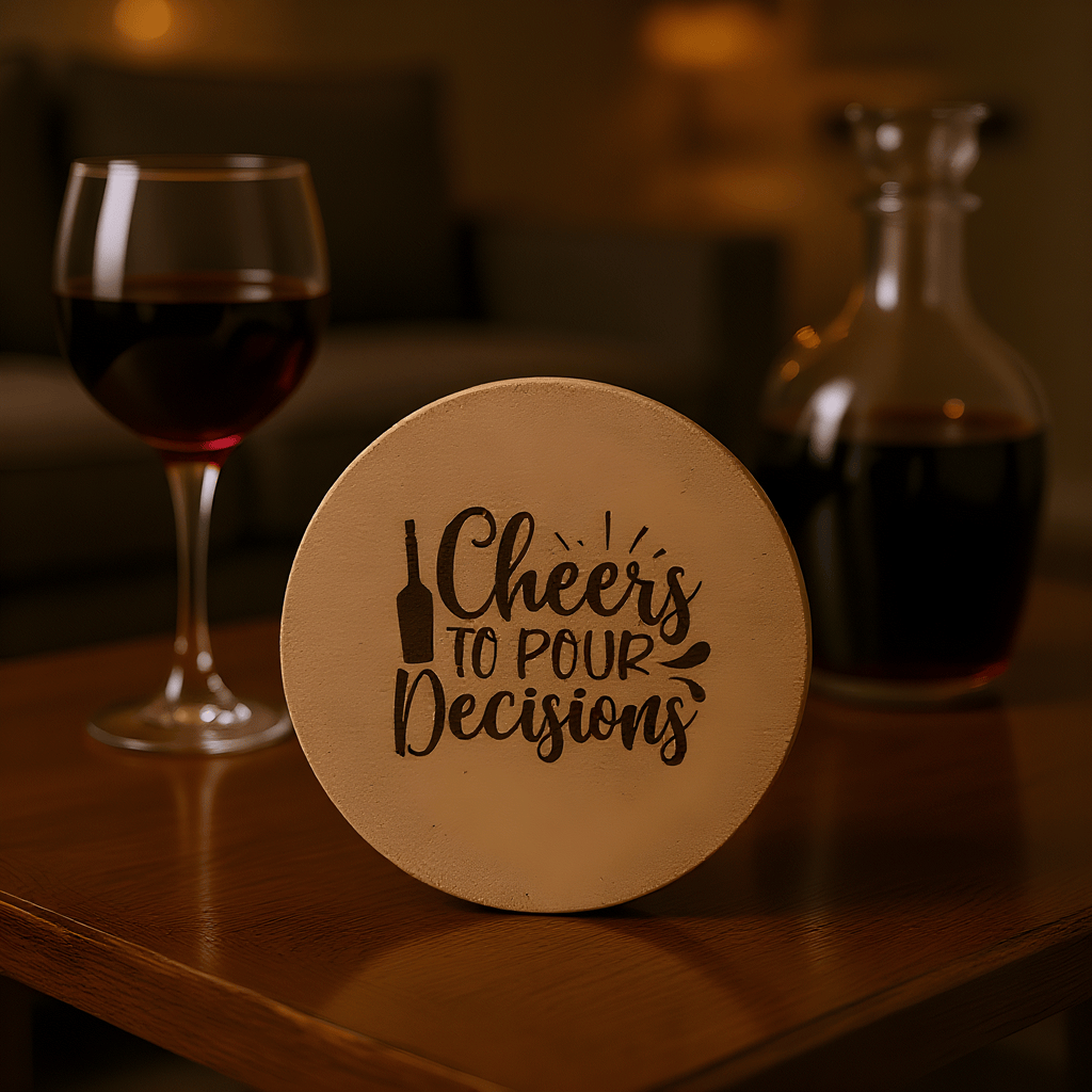 4 inch cork coaster – cheers to pour decisions - wine theme