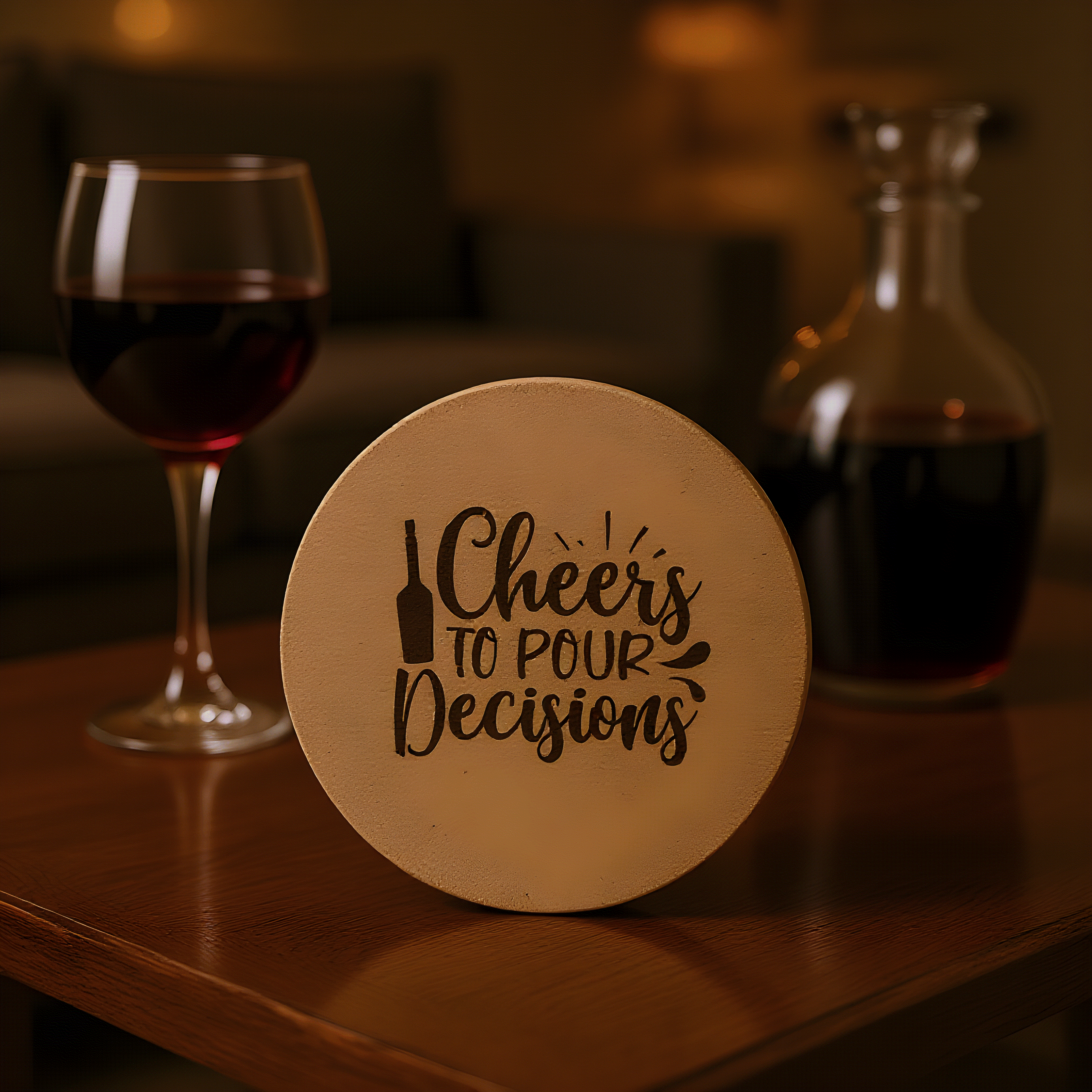 4 inch cork coaster – cheers to pour decisions - wine theme