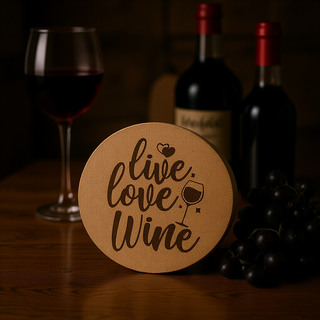 4 inch cork coaster – live love wine - wine theme