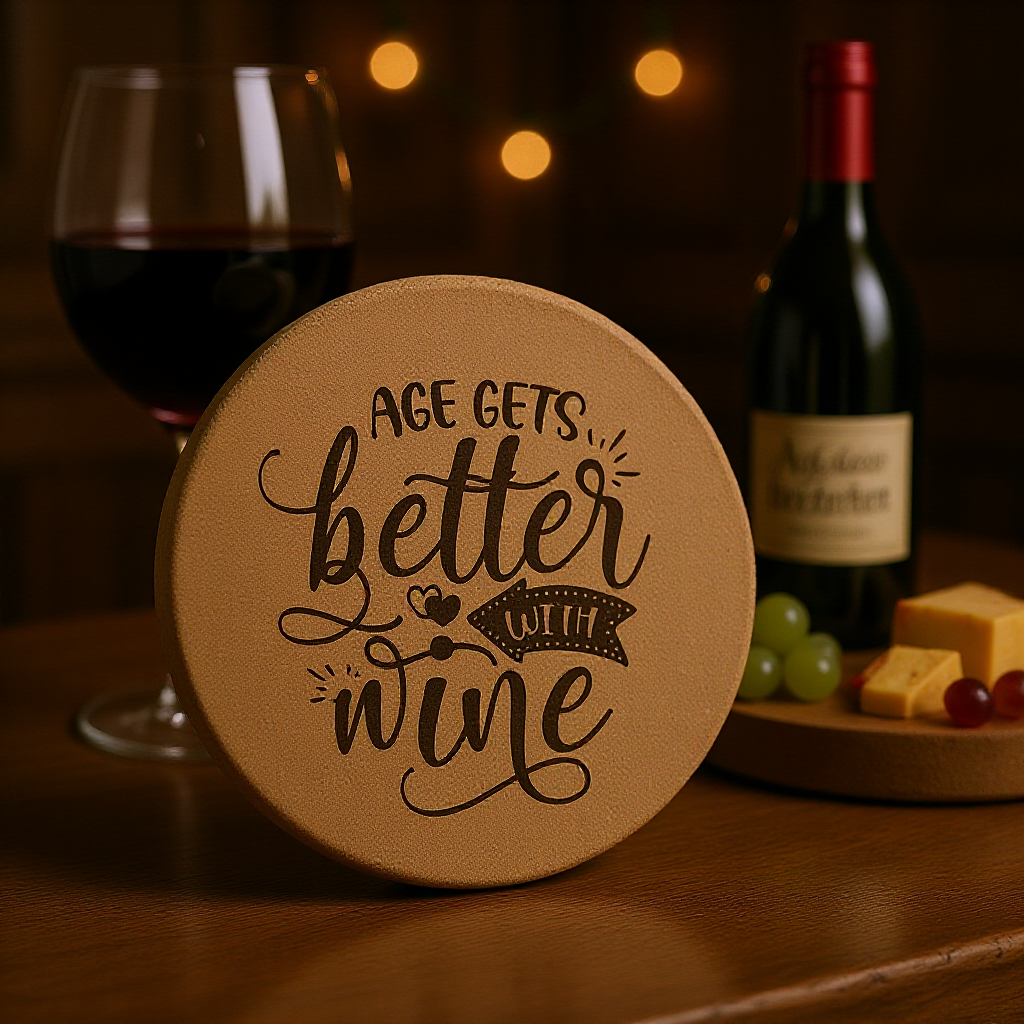 Round wooden coaster with 'Age gets better with wine' text, glass of red wine, bottle, and snacks in the background.