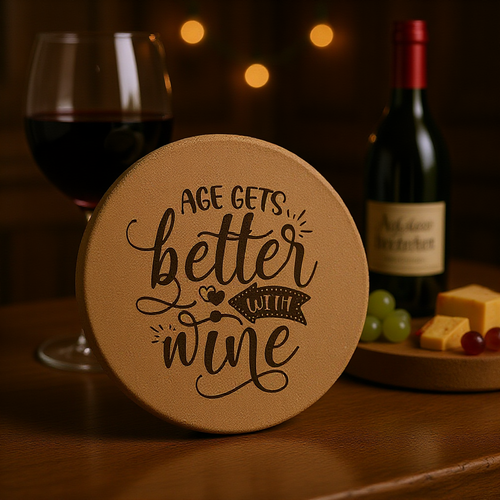Round wooden coaster with 'Age gets better with wine' text, glass of red wine, bottle, and snacks in the background.