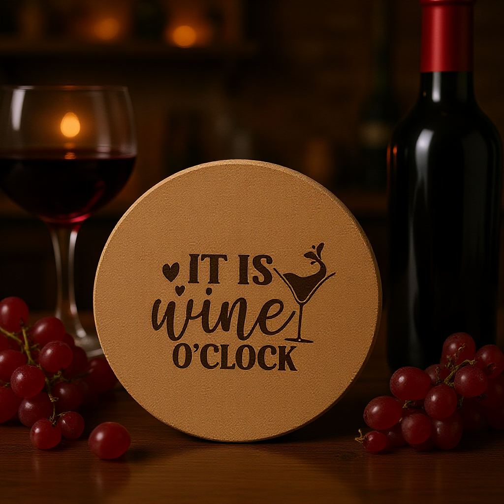 4 inch cork coaster – it Is wine o clock - wine theme