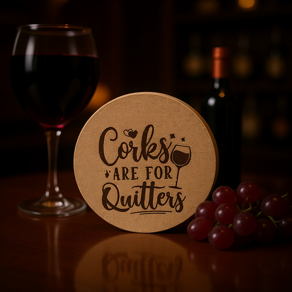Coaster with 'Corks are for Quitters' text next to a glass of red wine and grapes on a wooden surface.