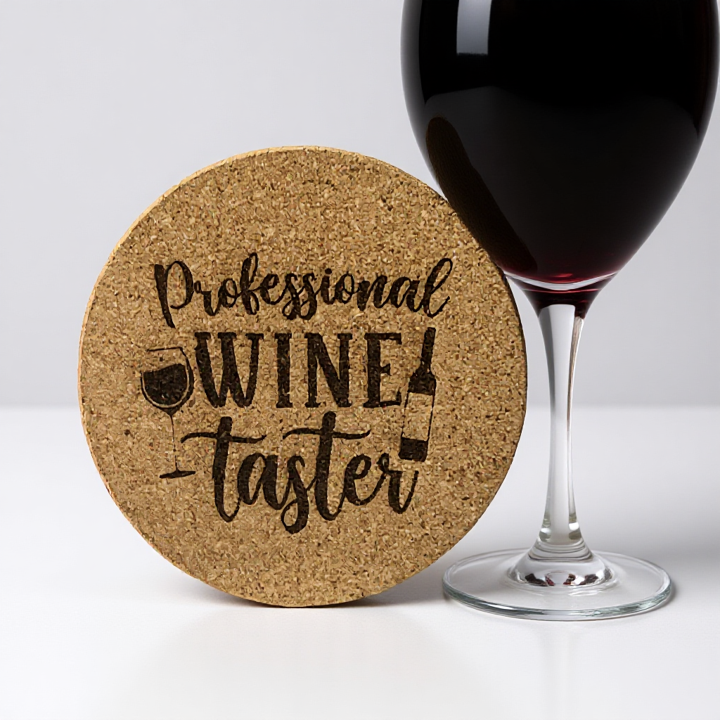 Professional Wine Taster laser-engraved cork coaster close-up