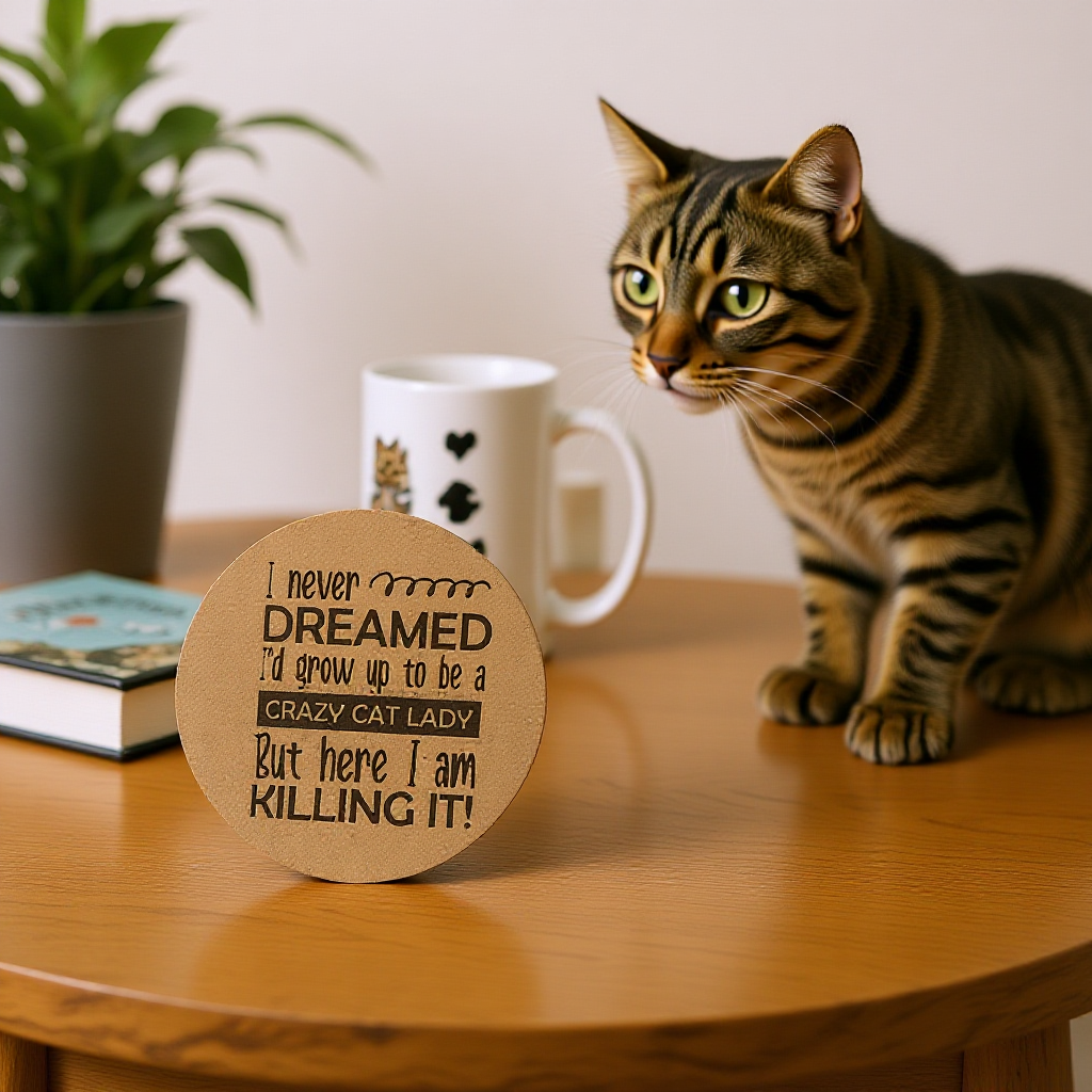 4 inch cork coaster – I never dreamed I'd grow up to be a crazy cat lady - cat theme