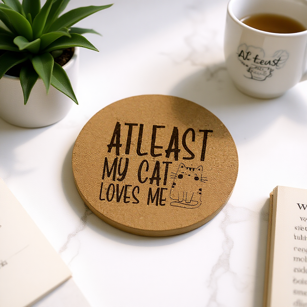 4 inch cork coaster – at least my cat loves me - cat theme