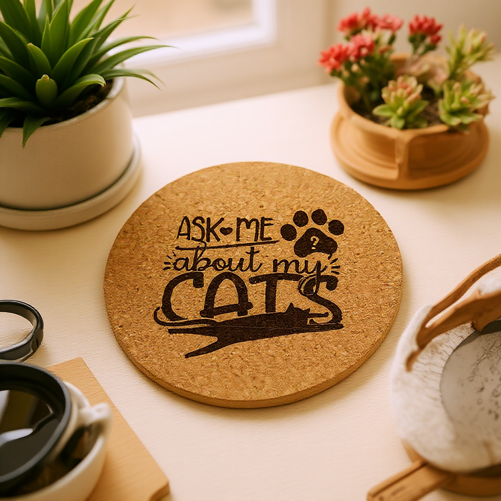 4 inch cork coaster - ask me about my cats - cat theme