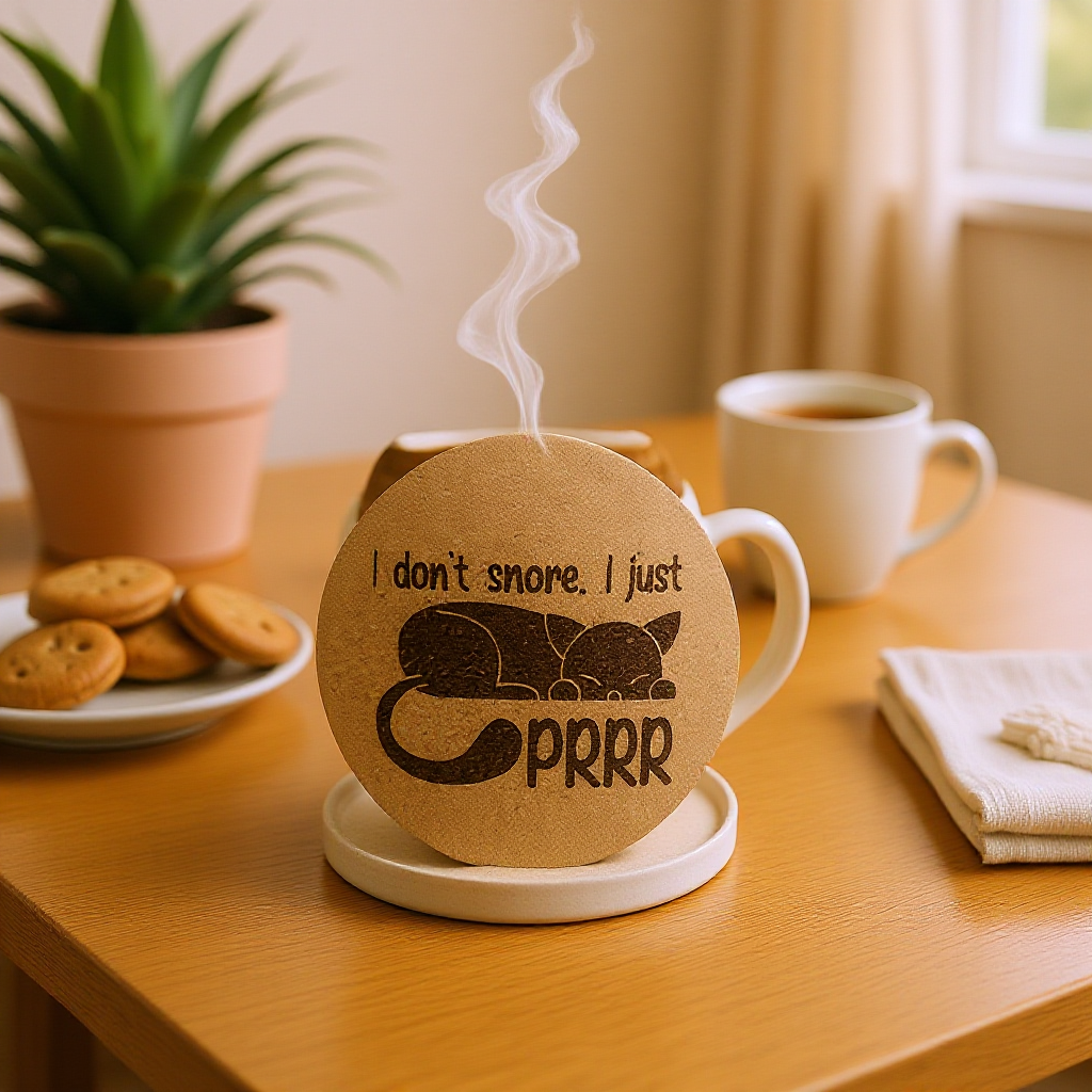 4 inch cork coaster – I don't snore I just prrrr - cat theme