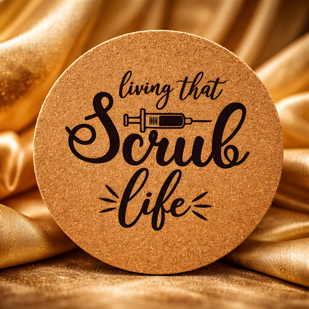 4 Inch Cork Coaster – Living That Scrub Life – Funny Nurse Gift – RN Work Humor Coaster